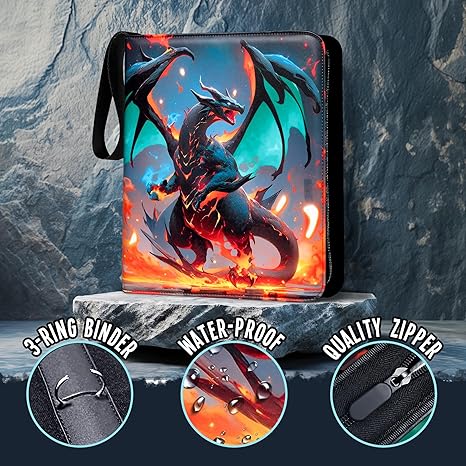 Dragon-themed 3-ring binder with waterproof and quality zipper features on a stone surface.