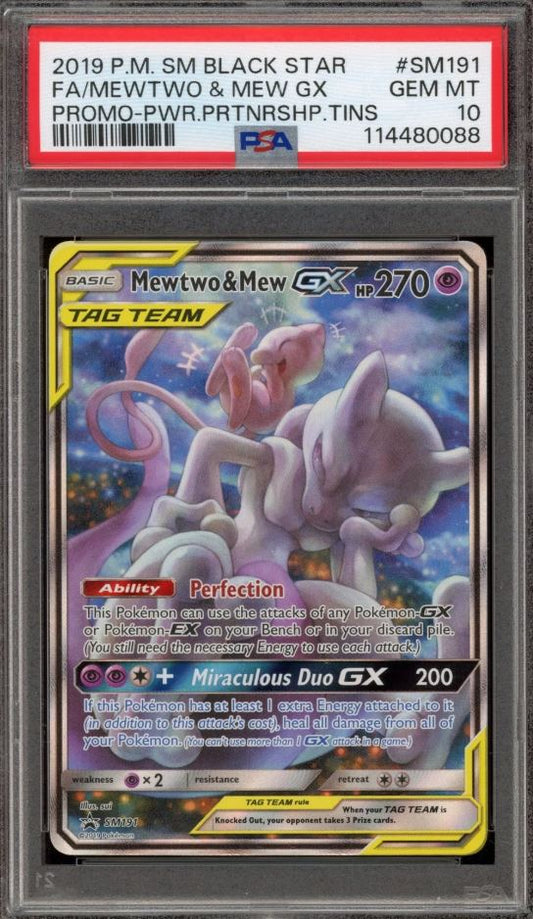Pokémon trading card featuring Mewtwo & Mew GX with a PSA grading label.