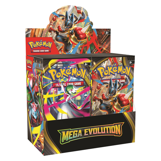 Pokémon trading card game boxes with Mega Evolution theme on a white background