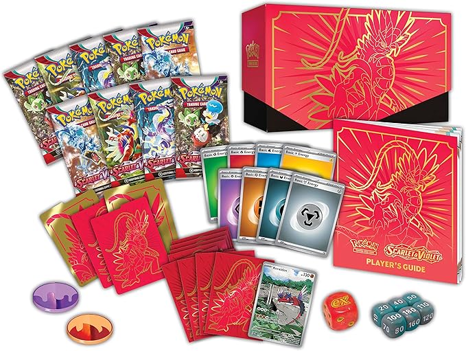 Pokémon trading card game items including cards, a box, and a player's guide on a white background.