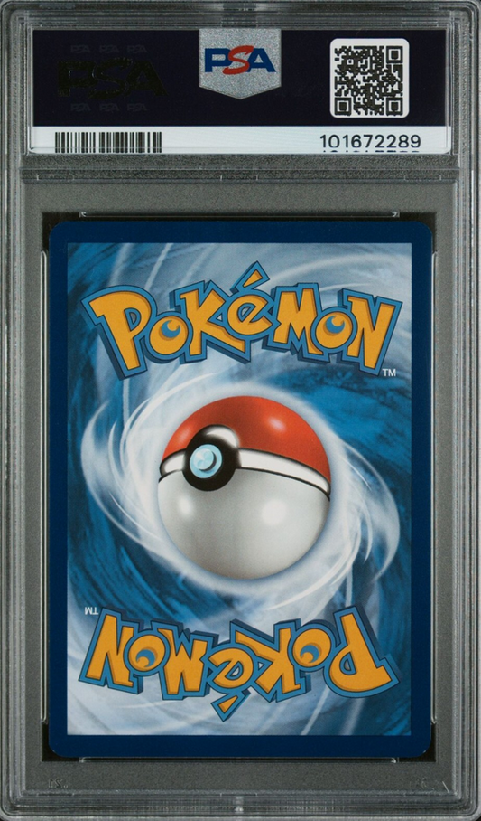 Pokémon trading card in a protective case with a PSA logo above it