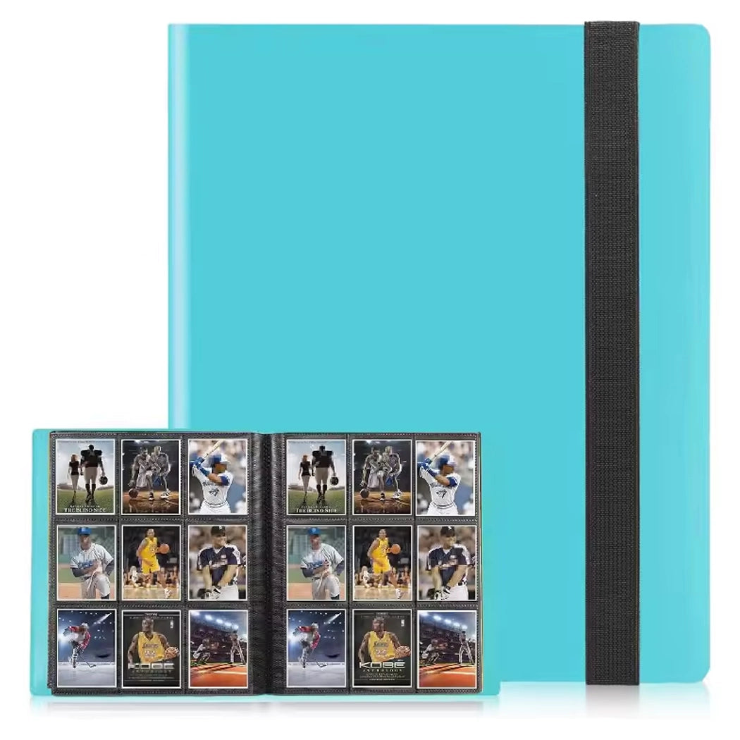 Turquoise trading card album with black strap, containing various sports trading cards.