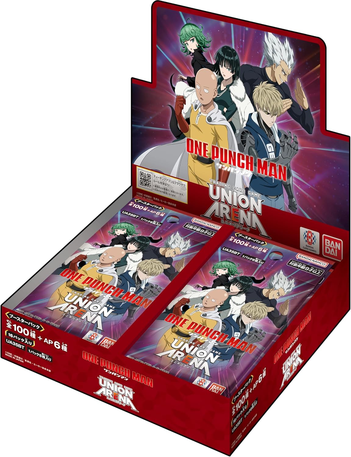 PokeTCG Union Arena One Punch Man UA35BT Japanese booster box display with Saitama and Genos artwork.
