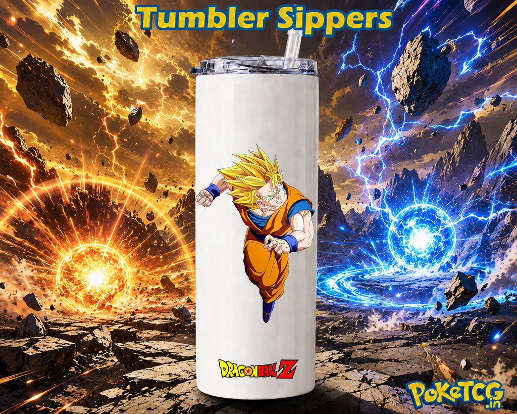 White tumbler sipper featuring Super Saiyan Goku in his orange outfit with spiky golden hair, paired with a Dragon Ball Z logo, against a dramatic blue-and-orange lightning battle background.