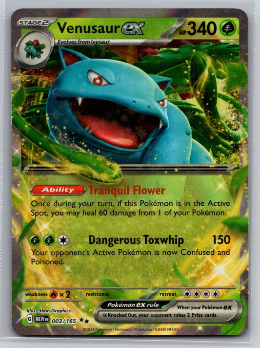 Pokémon TCG Venusaur ex 003/165 Double Rare card from Scarlet & Violet 151, featuring the Seed Pokémon with a premium holofoil finish.
