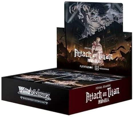 Weiss Schwarz Attack on Titan Final Season English booster box display with Titan artwork.