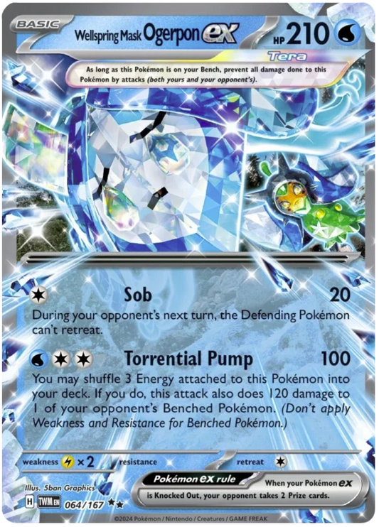 Pokémon TCG Wellspring Mask Ogerpon ex 064/167 Double Rare card from Twilight Masquerade, featuring the masked Water-type Pokémon with a premium prismatic finish.