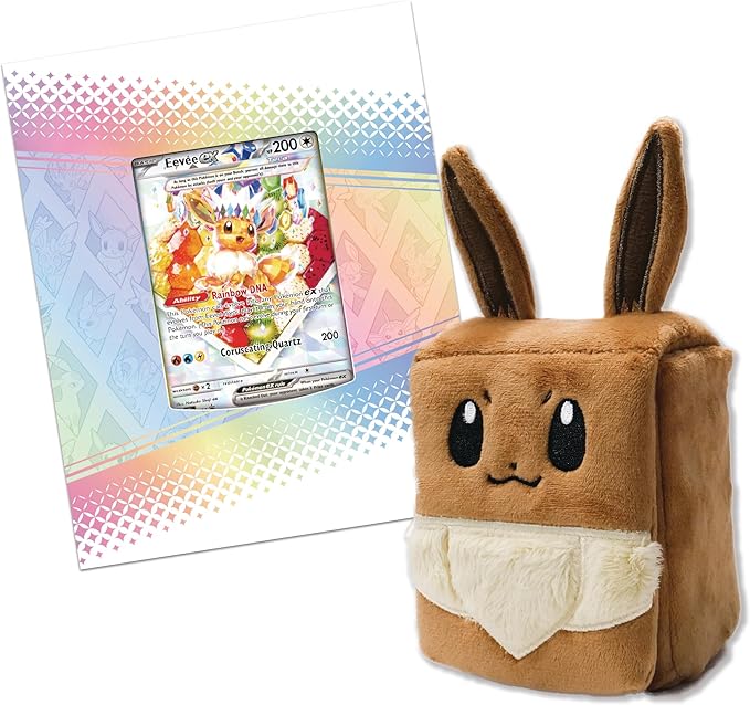Plush toy resembling a brown creature with a white belly next to a trading card on a gradient background