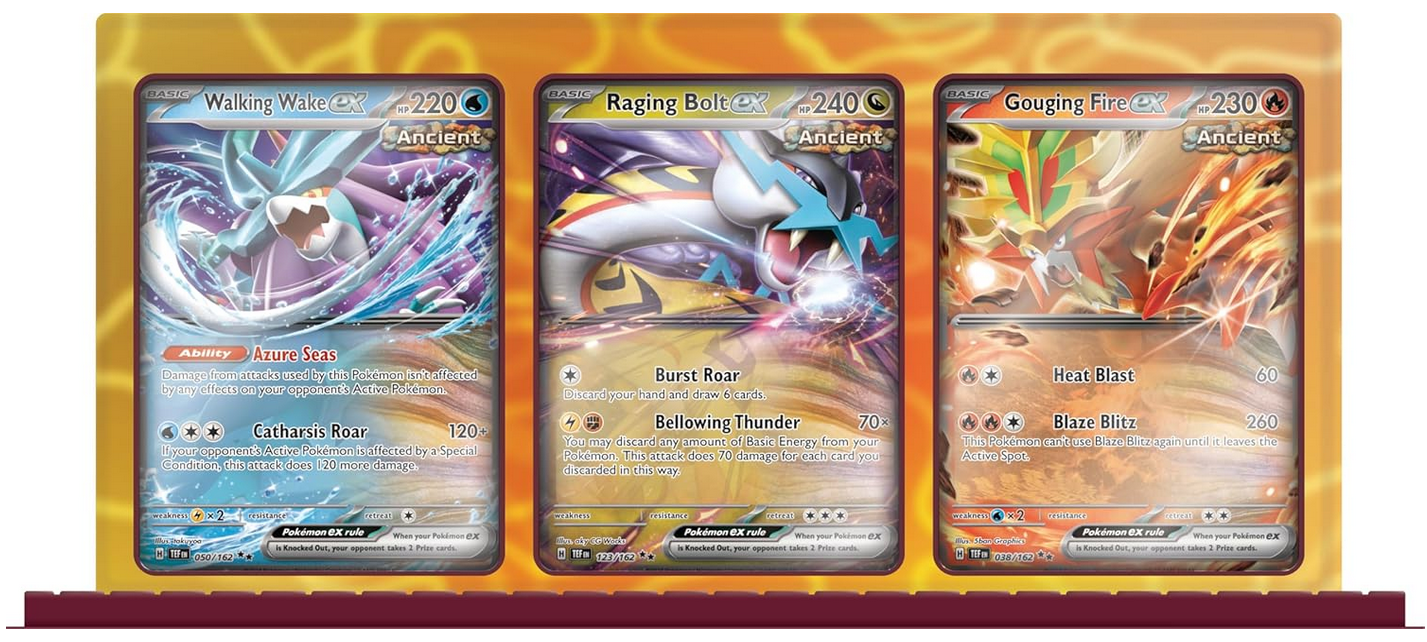 Three trading cards displayed on a yellow holder with a red border