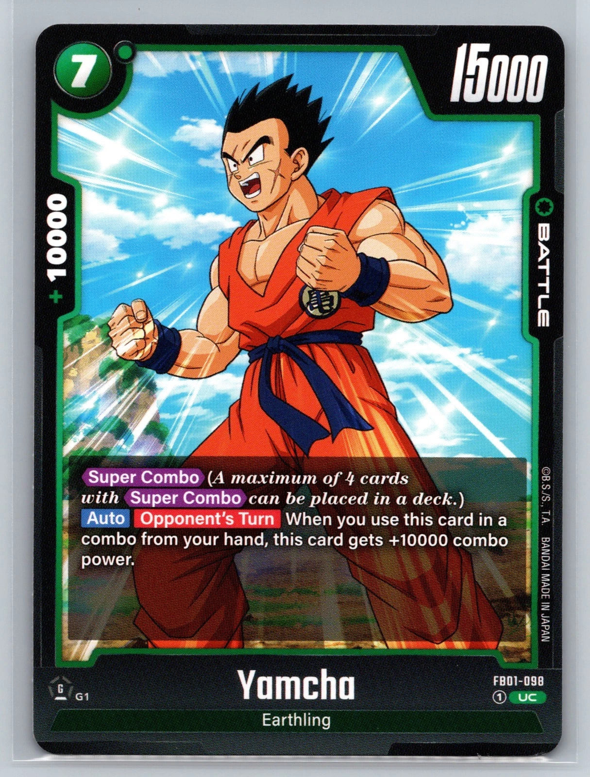 Dragon Ball Super TCG Yamcha FB01-098 uncommon card from Awakened Pulse expansion featuring dynamic Z-Fighter artwork and English text.