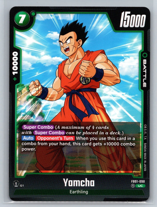 Dragon Ball Super TCG Yamcha FB01-098 uncommon card from Awakened Pulse expansion featuring dynamic Z-Fighter artwork and English text.