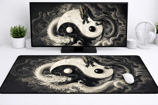 Large 24x12 inch aesthetic mousepad featuring a white dragon and a black dragon forming a Yin Yang symbol on a clean desk setup