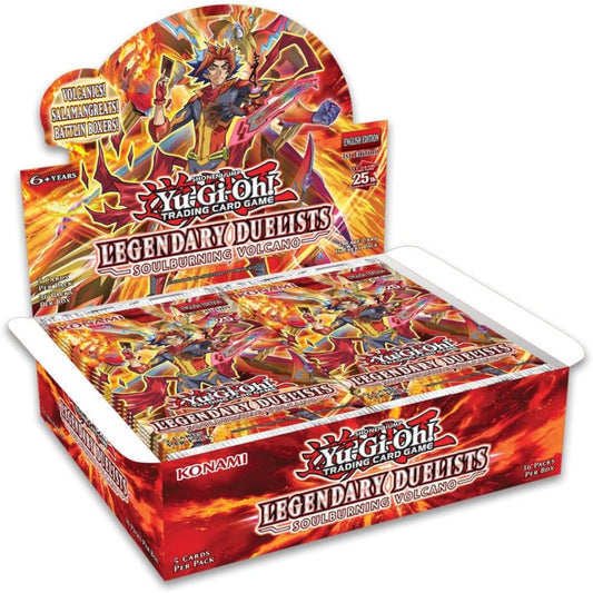 PokeTCG Yu-Gi-Oh Legendary Duelists Soulburning Volcano booster box display with multiple booster packs.