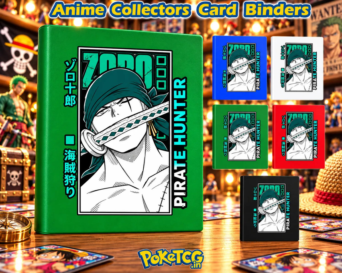 Zoro anime-inspired card binders in multiple colors for One Piece fans and trading card collectors.