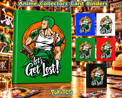 Zoro-inspired One Piece anime card binders in green, blue, white, red, and black for trading card collectors.