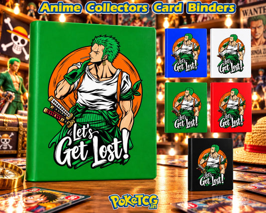 Zoro-inspired One Piece anime card binders in green, blue, white, red, and black for trading card collectors.